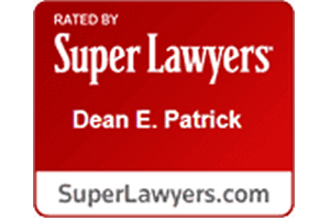 Super Lawyers rating badge for Dean E. Patrick in red and white.